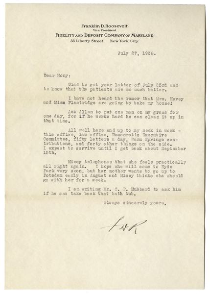 Franklin D. Roosevelt Letter Signed From July 1928 -- ''...up to my neck in work - this office, law office, Democratic Executive Committee, fifty letters a day, Warm Springs contributions...''
